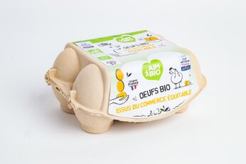 Illustration et maquette de la boîte d'œufs Aim&Bio labelisé AEF